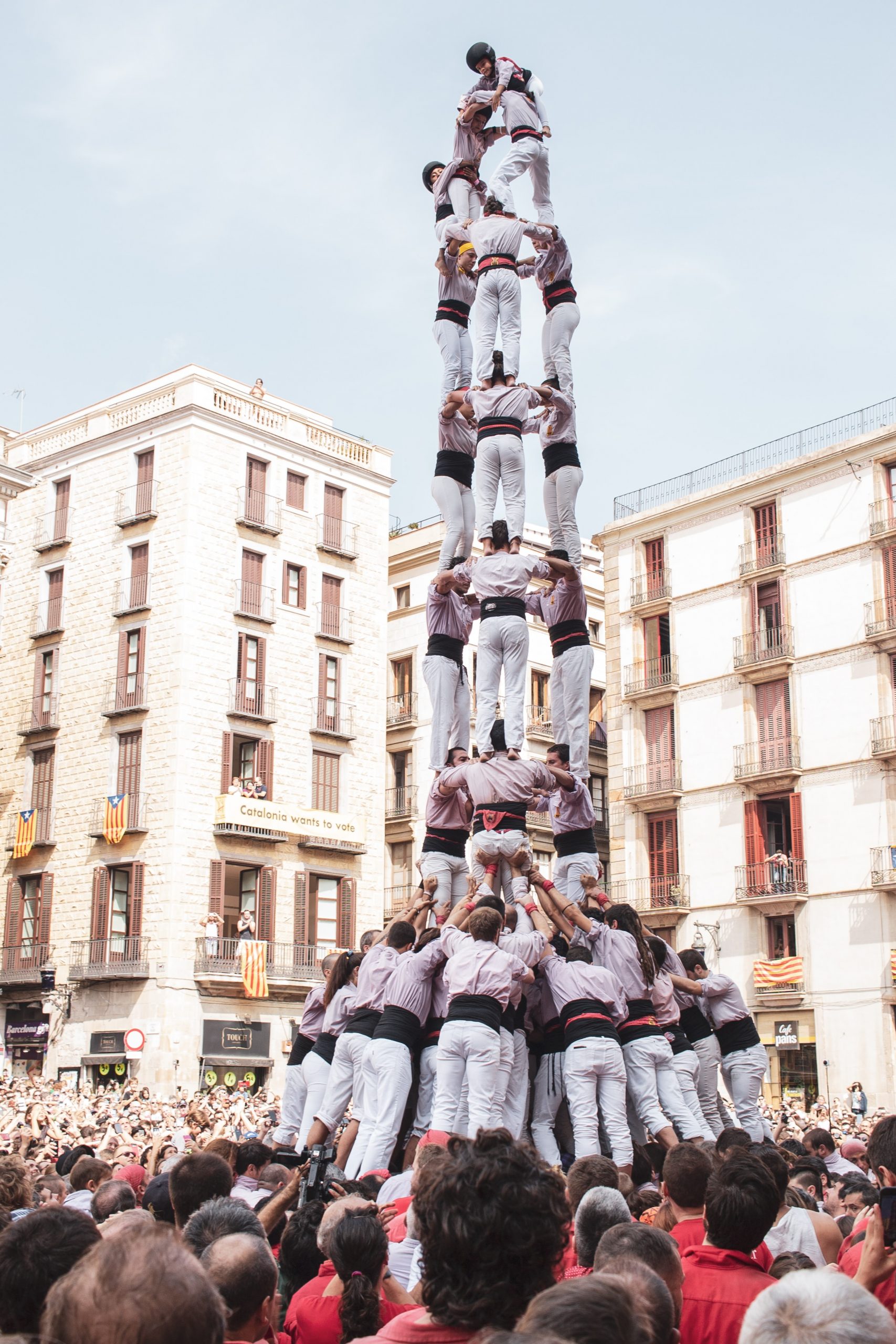 A human tower, named Castell, made during the Festival de la Mercè, the most important between the traditional celebrations in Barcelona