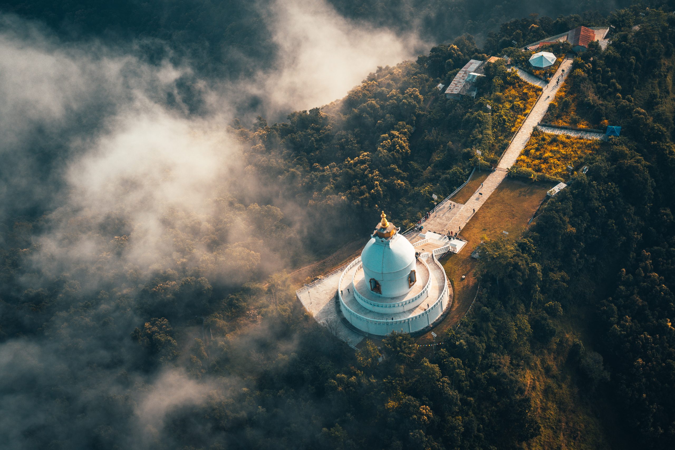 Stupa near Pokhara. View from air to valley in the Himalaya Mountains