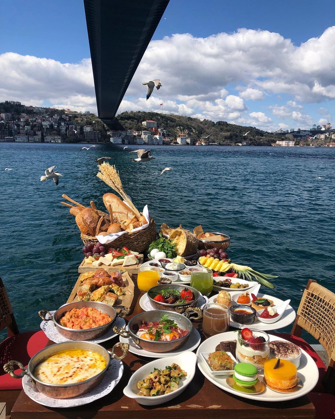 Traditional Turkish breakfast with Bosphorus view at Lacivert Restaurant