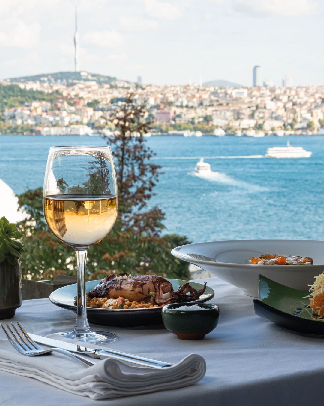 Enjoying the beauty of Istanbul and a tasty plate of seafood with white wine at Topaz Restaurant 
