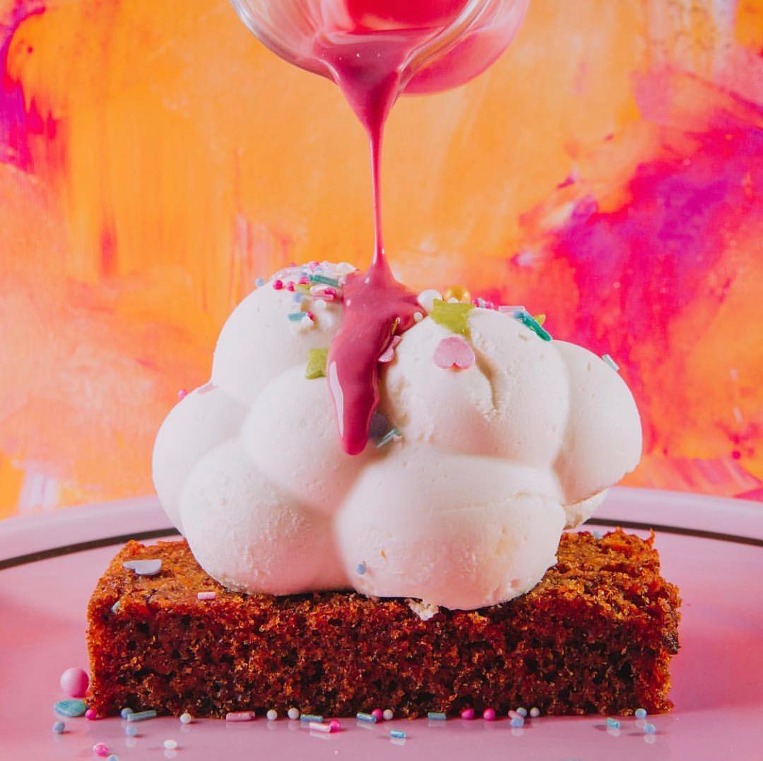 Cloudy carrot cake with pink frosting cheese cream